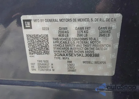 2019 Chevrolet Equinox Ls z USA, uszkodzony, nr VIN 3GNAXSEV5KL308388